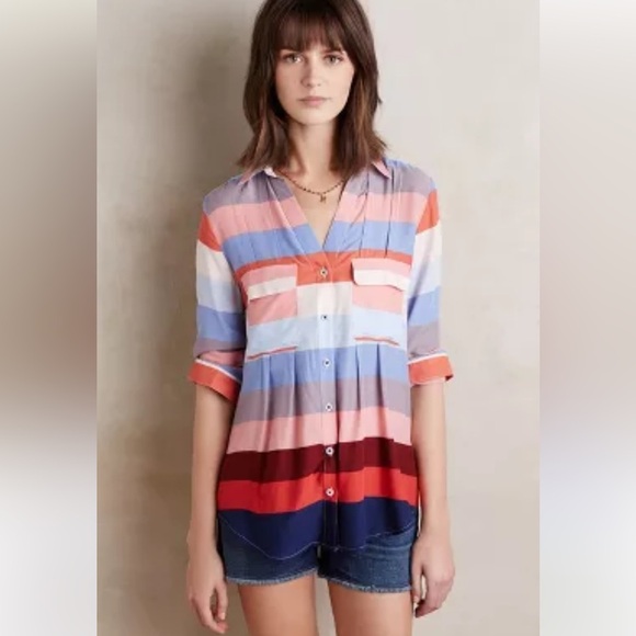 Anthropologie Maeve Wynwood Top 2 Colorful Stripes Pleated Boho Hi Low Relaxed - Picture 1 of 8